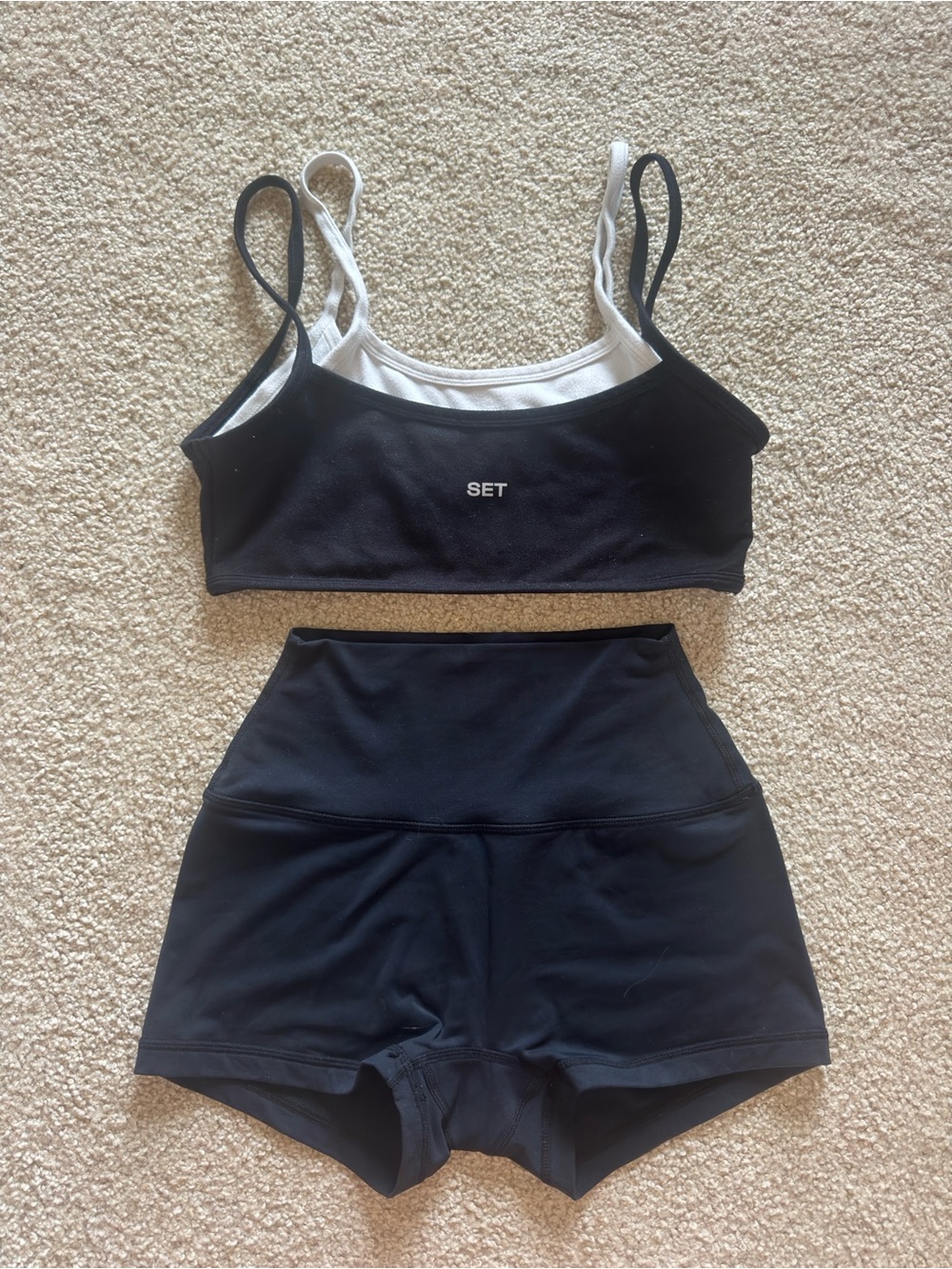 SET Active Black Crop Sports Bra with White Lining & Black High-Waist Shorts